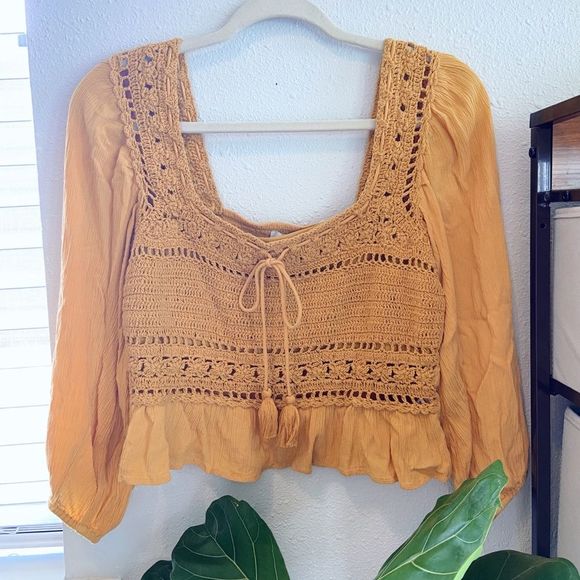 American Eagle Outfitters Tops - American Eagle Boho Mustard Crochet along Sleeve Cropped Top
